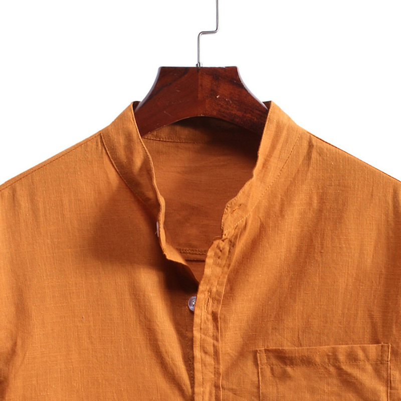 Men's Standing Collar Cotton Linen Long Sleeve Shirt