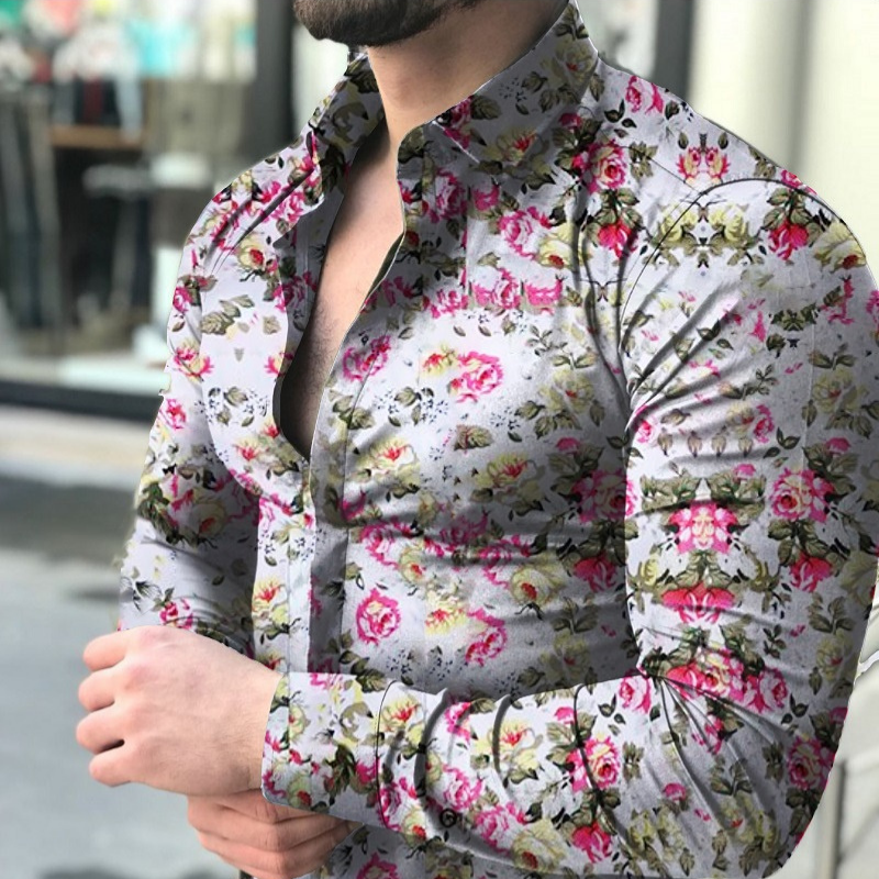 Elegant flowers printed men's long sleeve shirt