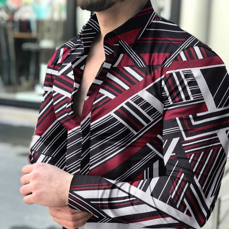 Men's geometric print casual long sleeve shirt