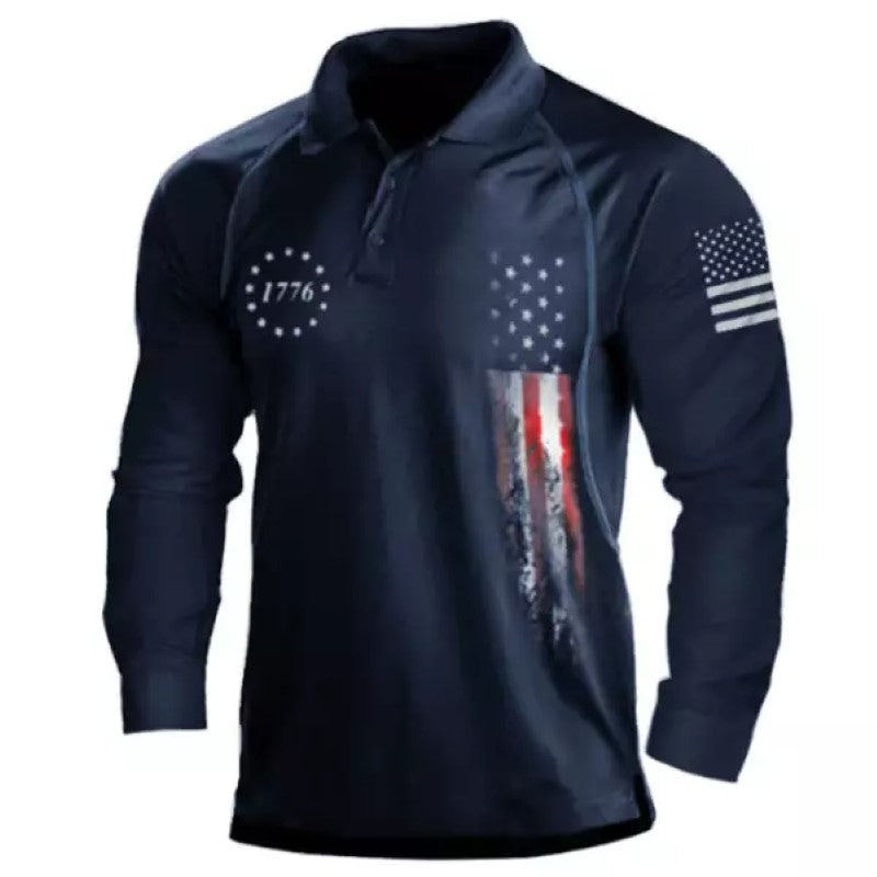 Men's American Flag Print Long Sleeve Polo Shirt