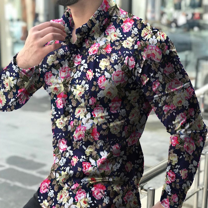 Elegant flowers printed men's long sleeve shirt