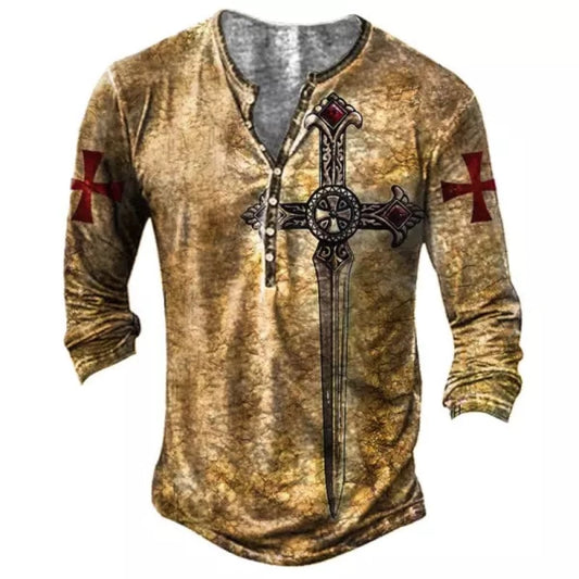 Men's Templar Print Henley Long Sleeve T-Shirt