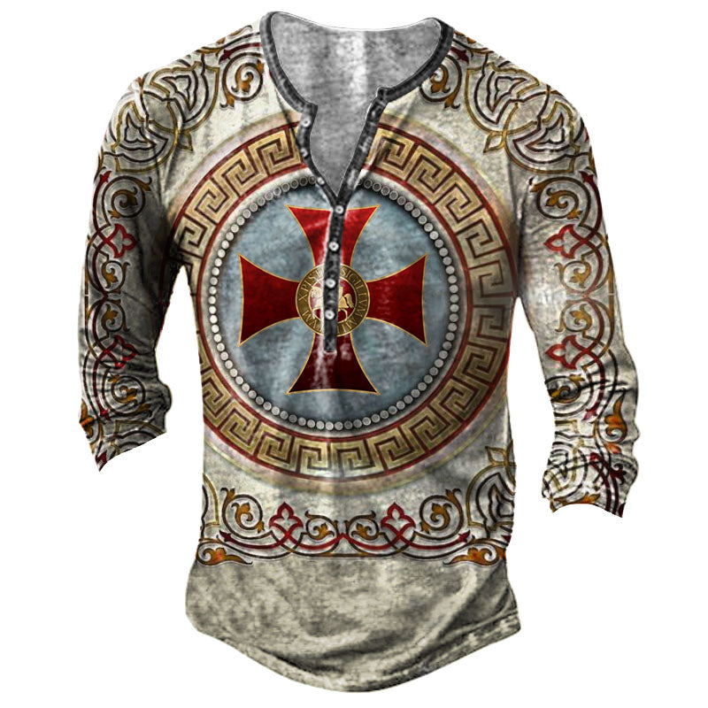 Men's Vintage Knights Templar Cross Henley Long Sleeve T-Shirt