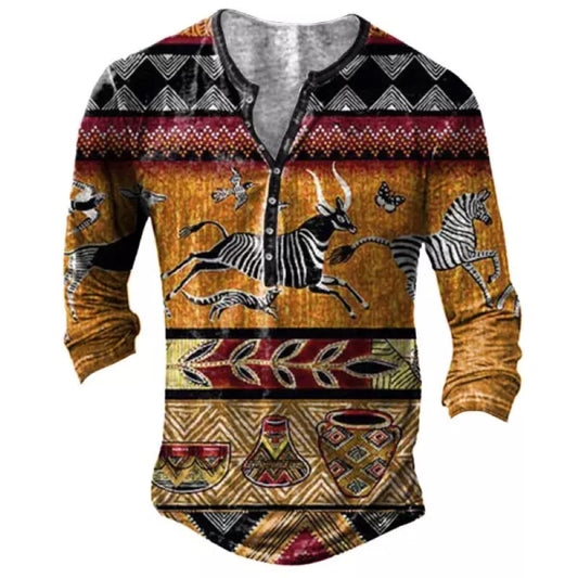 Men's Ethnic Geometric Henley Long Sleeve T-Shirt