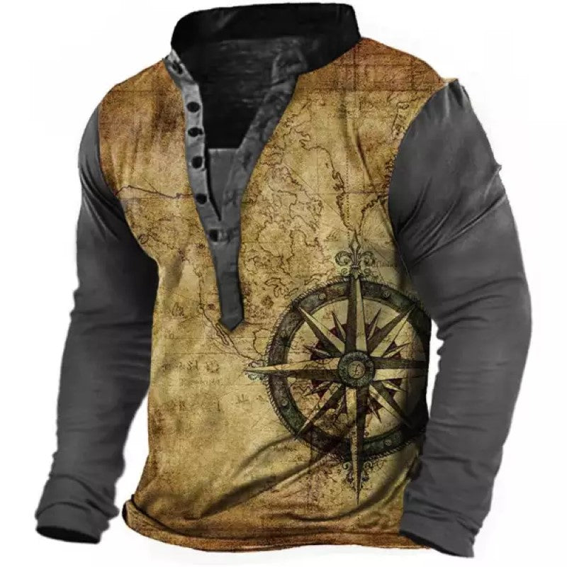 Men's Vintage Compass Print Long Sleeve T-Shirt