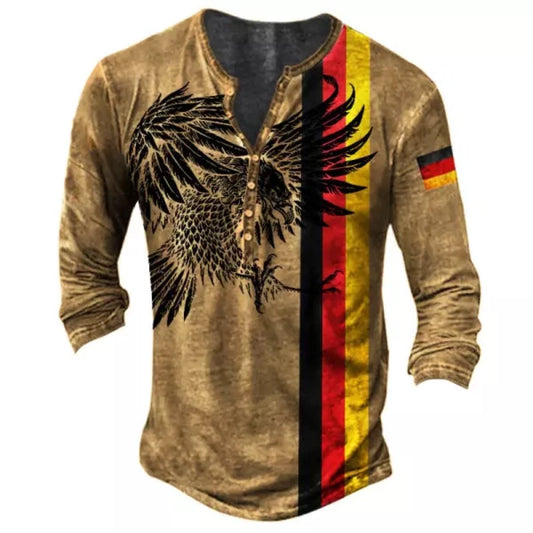 Men's Eagle Print Henley Long Sleeve Top T-Shirt