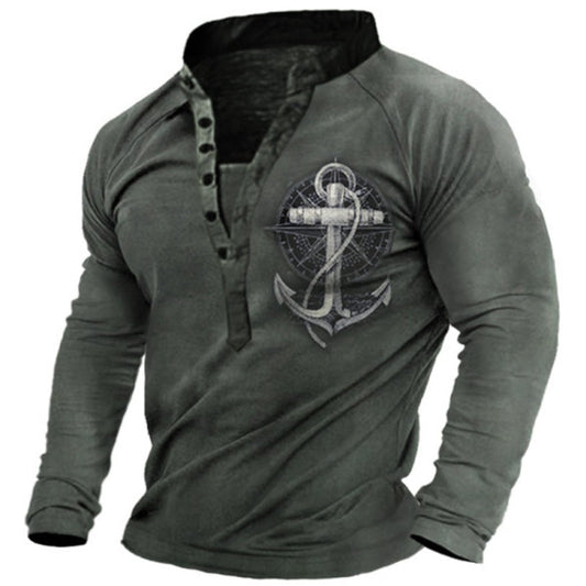 Anchor Print Men's Vintage Henley Long Sleeve T-Shirt