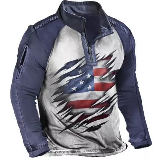 Men's American Flag Printed Collar Tactical T-Shirt