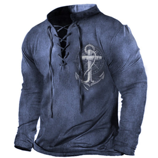 Anchor Print Men's Vintage Drawstring Long Sleeve T-Shirt