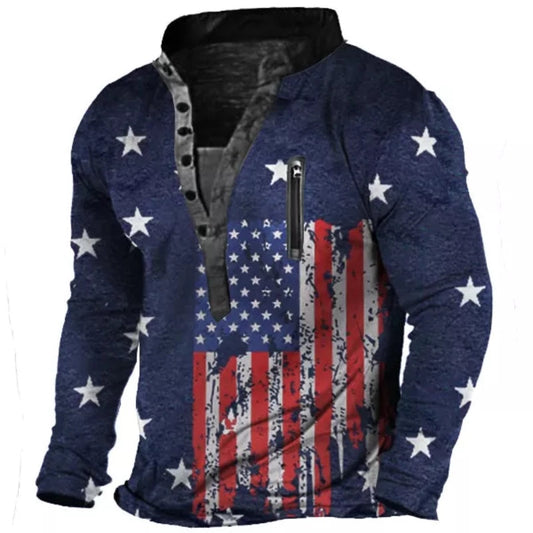 Men's Flag Printed Outdoor Henley Long Sleeve T-Shirt