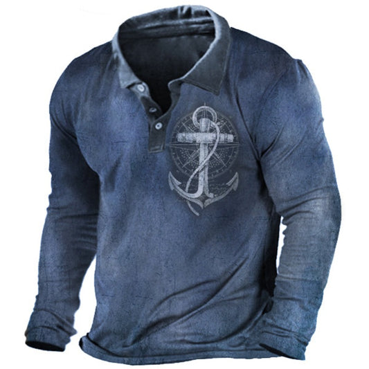 Anchor Print Men's Vintage Polo Long Sleeve T-Shirt