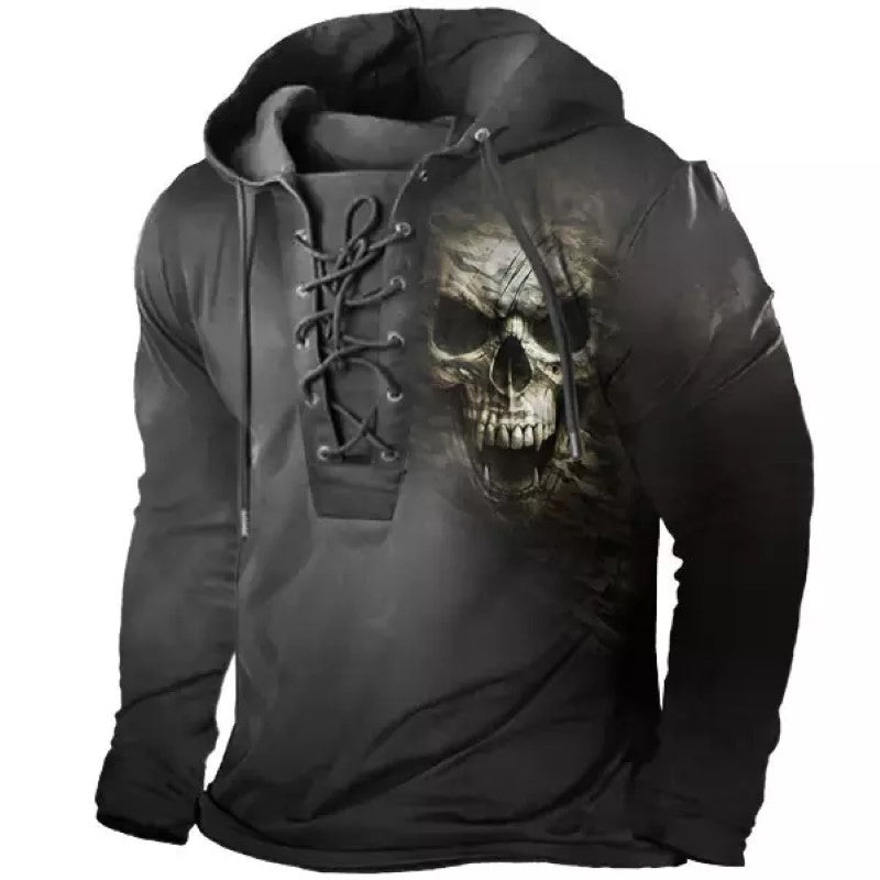 Men's Halloween Print Lace-Up Hooded T-Shirt
