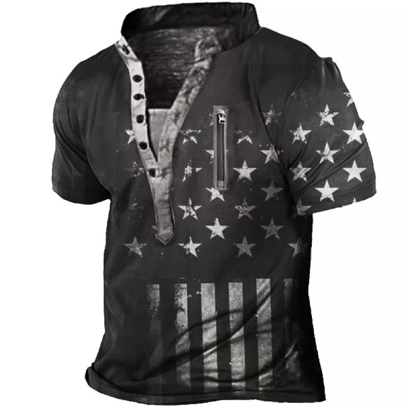 Men's Flag Printed Outdoor Henley Short Sleeve T-Shirt