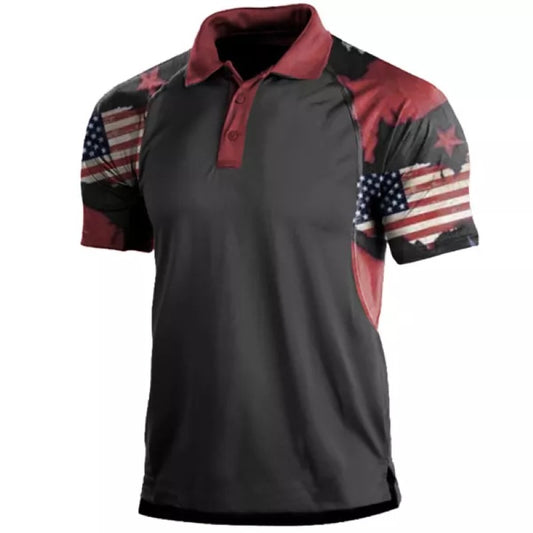 Men's Flag Printed Outdoor Polo Neck T-Shirt