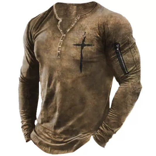 Men's Print Vintage Pocket Henley Collar T-Shirt