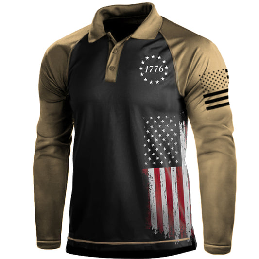 Men's American Flag Outdoor Tactical Long Sleeves Sport Polo T-Shirt