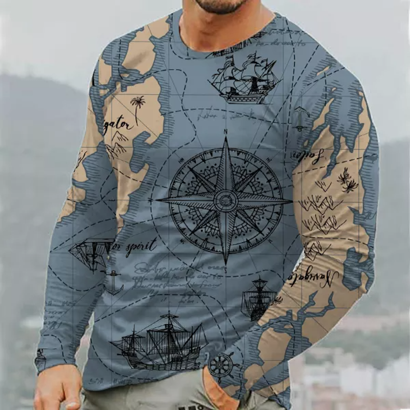 Men's Vintage Map Compass Print T-Shirt