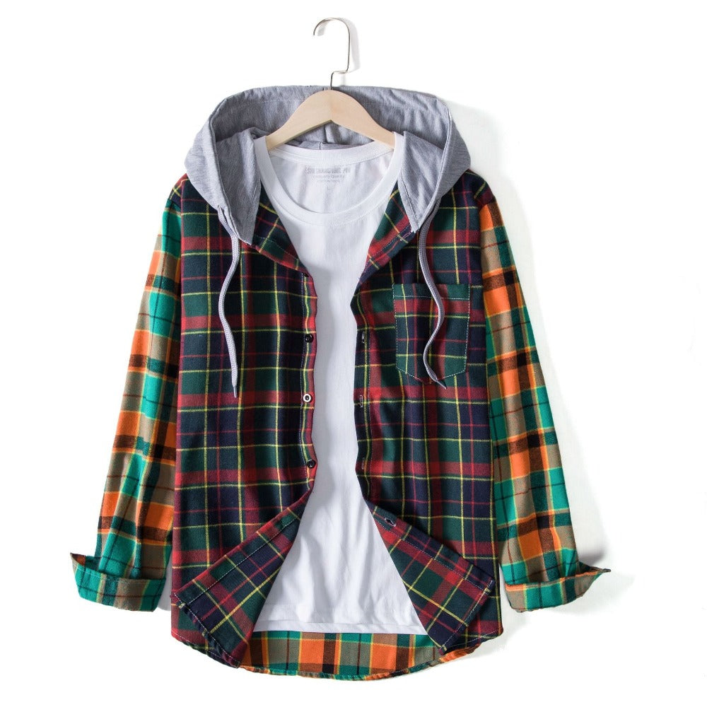 Checkered spliced casual long sleeve outer shirt with hood