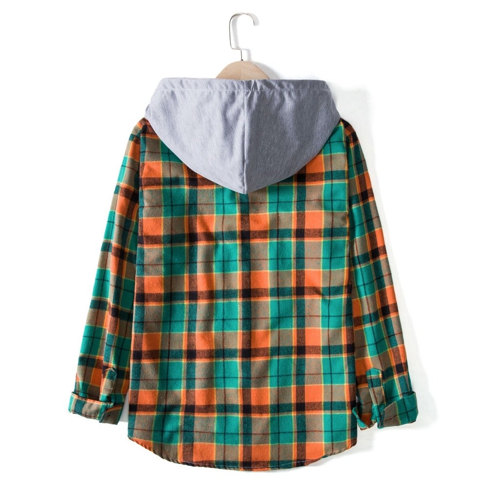 Checkered spliced casual long sleeve outer shirt with hood