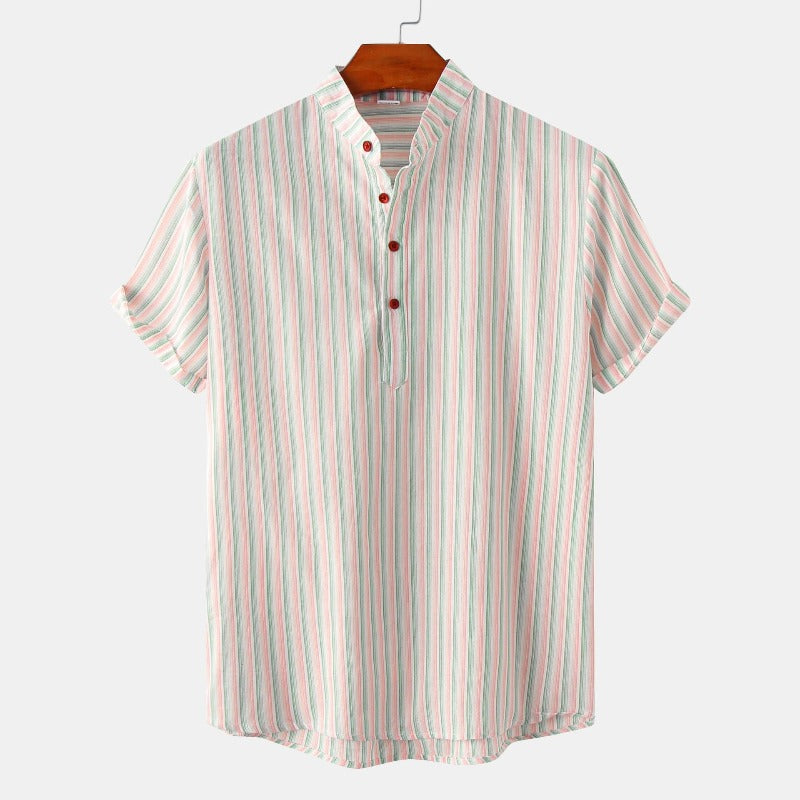 Striped Print Stand-Up Collar Shirt With Short Sleeves