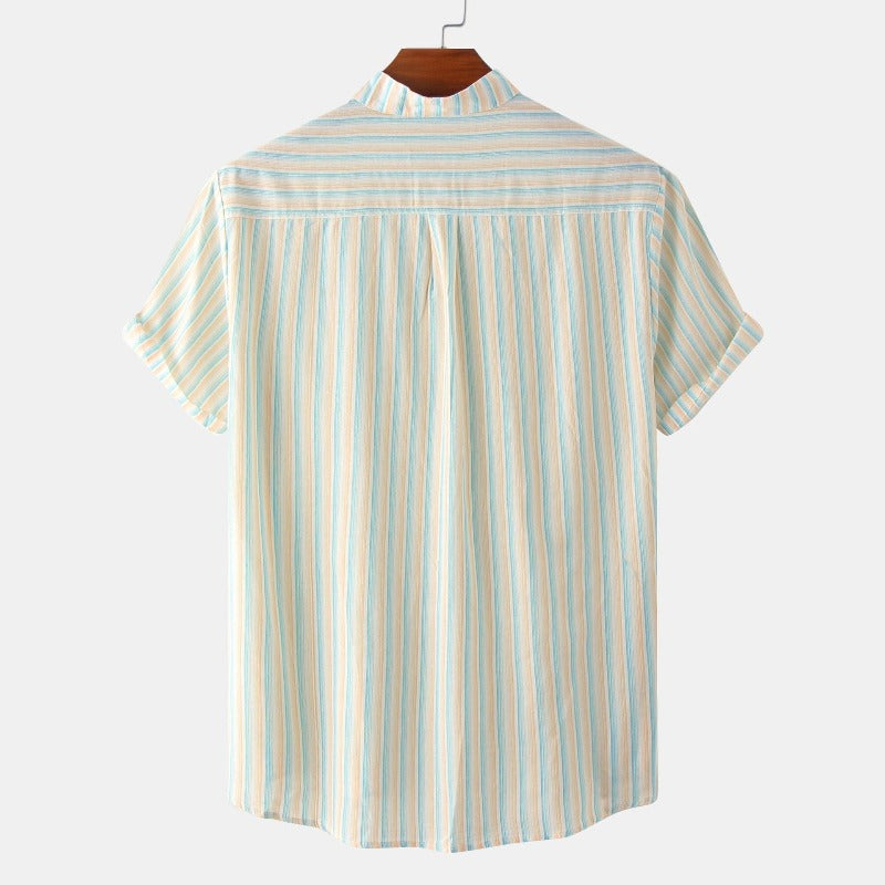 Striped Print Stand-Up Collar Shirt With Short Sleeves