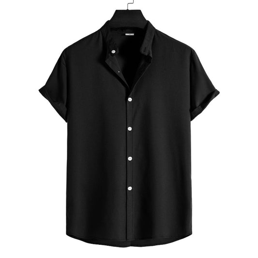 Solid Color Stand-Up Collar Shirt With Short Sleeves