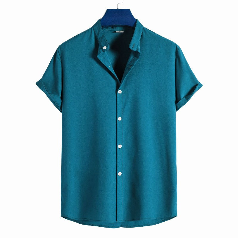 Solid Color Stand-Up Collar Shirt With Short Sleeves