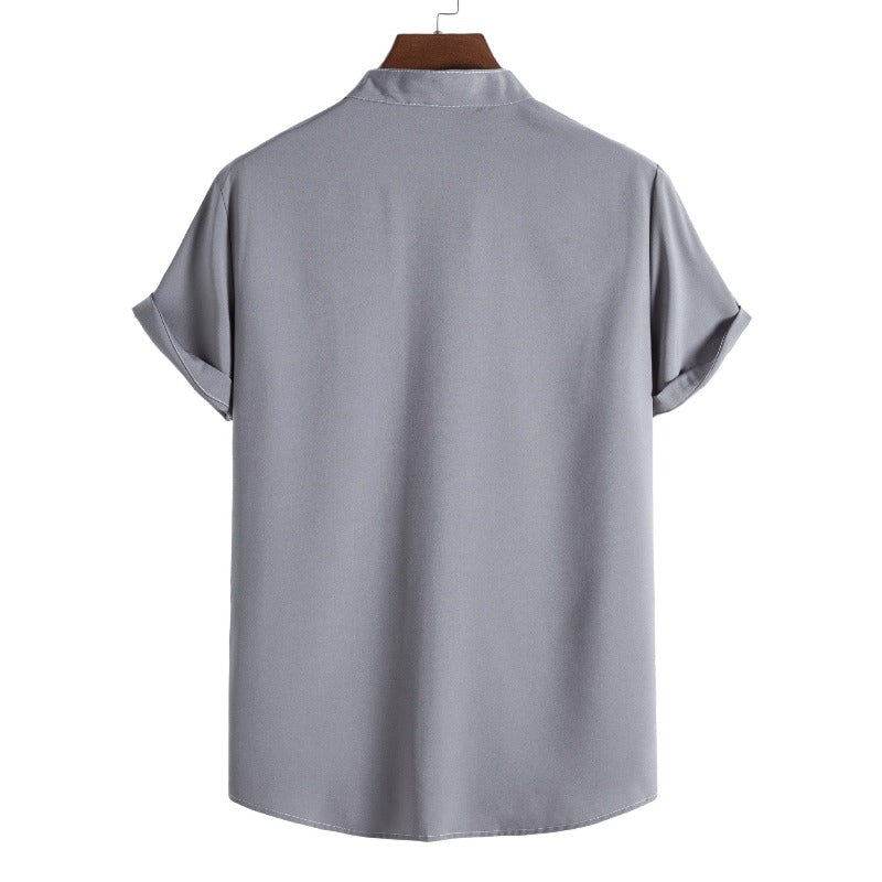 Solid Color Stand-Up Collar Shirt With Short Sleeves