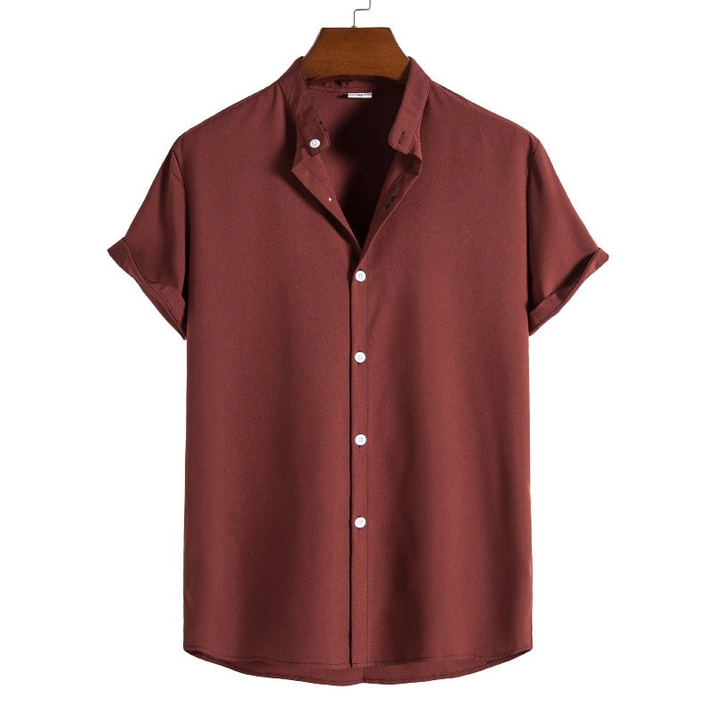 Solid Color Stand-Up Collar Shirt With Short Sleeves