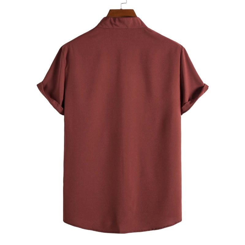 Solid Color Stand-Up Collar Shirt With Short Sleeves