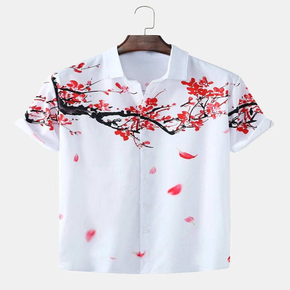 Plum Blossom Print Short-Sleeved Shirt
