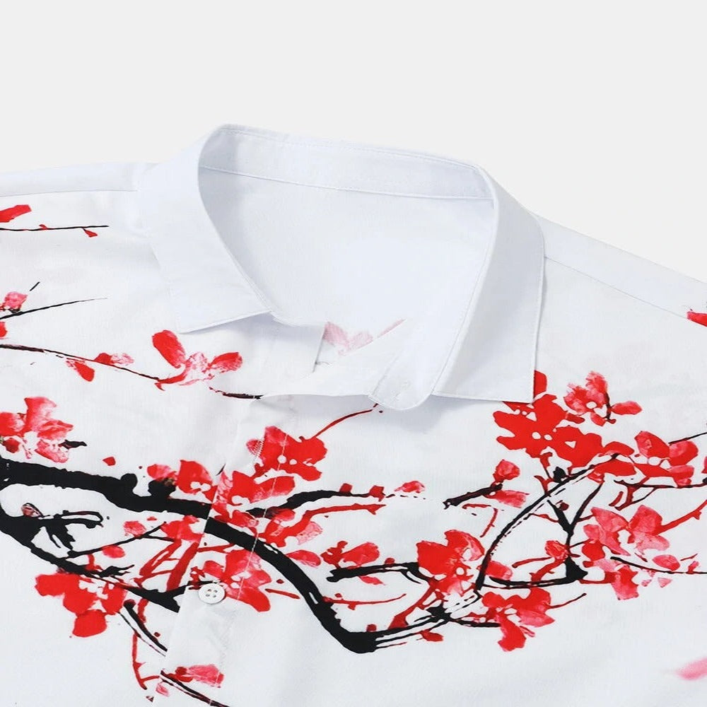 Plum Blossom Print Short-Sleeved Shirt