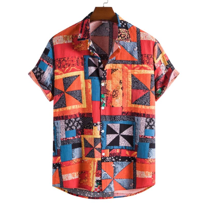Cotton And Linen Printed Short Sleeve Shirt