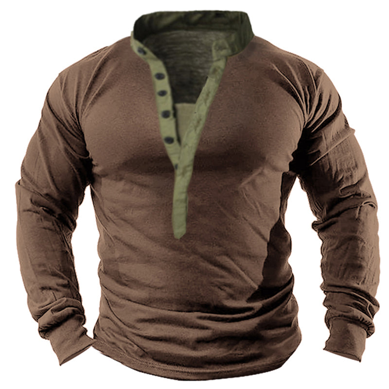 Men's Retro Outdoor Henley Button Collar Tactical T-shirt