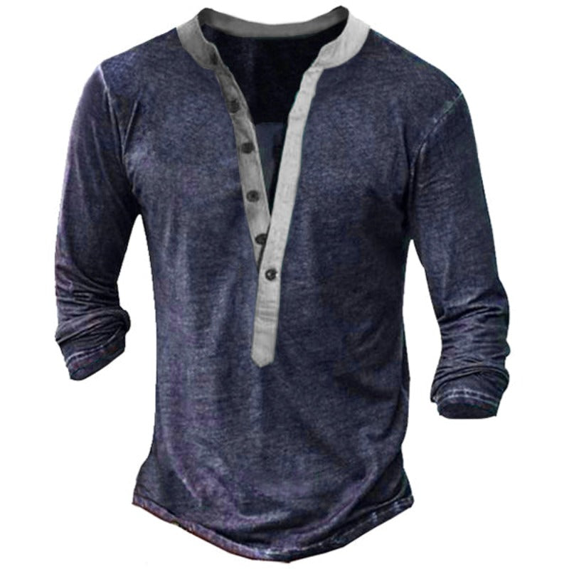 Men Vintage Henley Button Long Sleeve Shirt