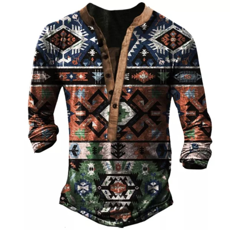 Western Ethnic Pattern Henley Collar T-shirt