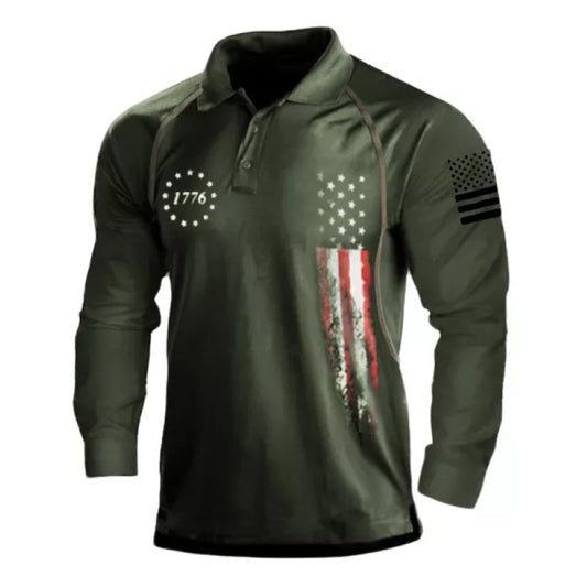 Men's American Flag Print Long Sleeve Polo Shirt