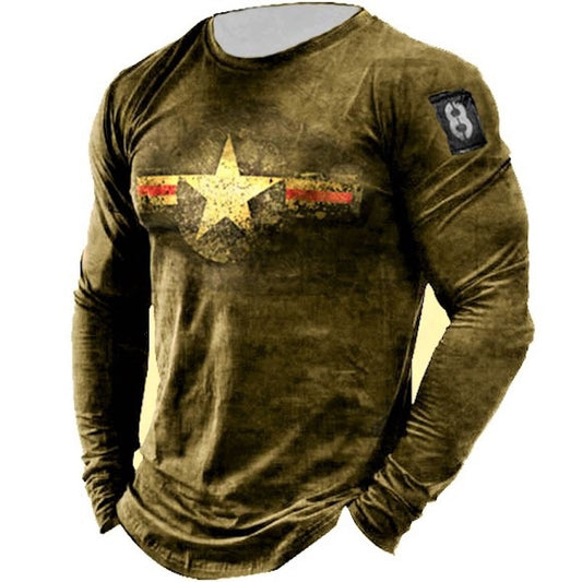 Men's Retro American Stars Print Long Sleeve Sports T-Shirt