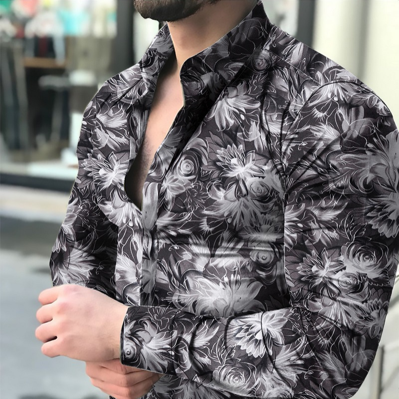 Three-dimensional flowers printed long sleeve shirt