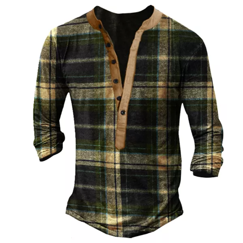 Retro Plaid Men's Henley Button Shirt