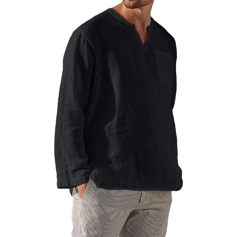 Long Sleeve V Collar Leisure Beach Linen Shirt