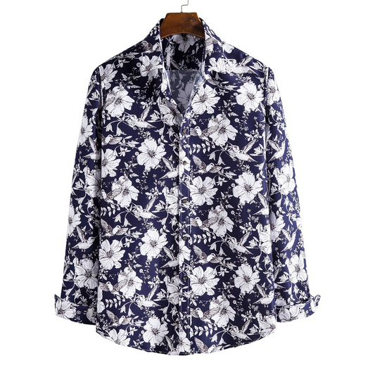 S156 White floral print on black long sleeve shirt