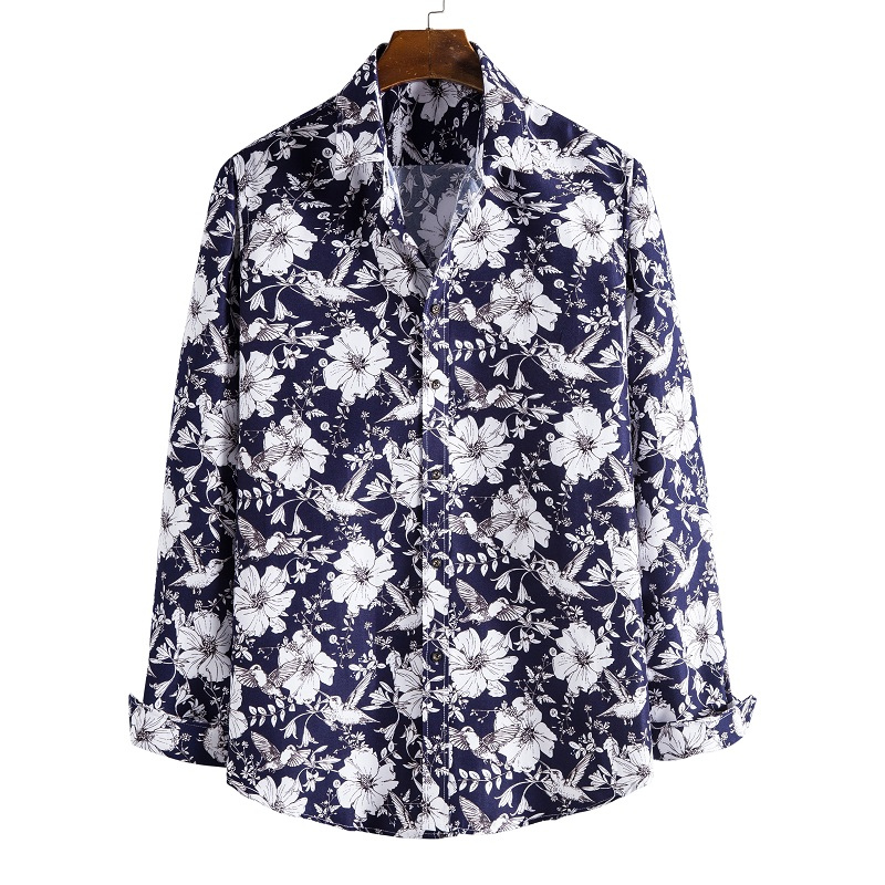 #S156 White floral print on black long sleeve shirt