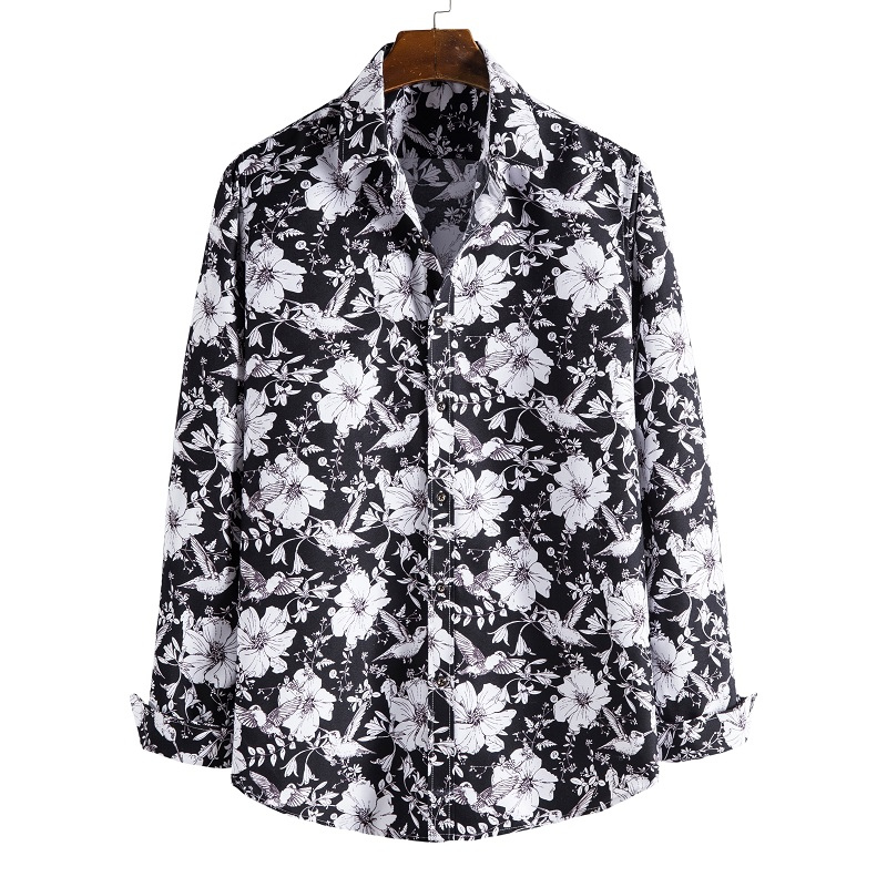 #S156 White floral print on black long sleeve shirt