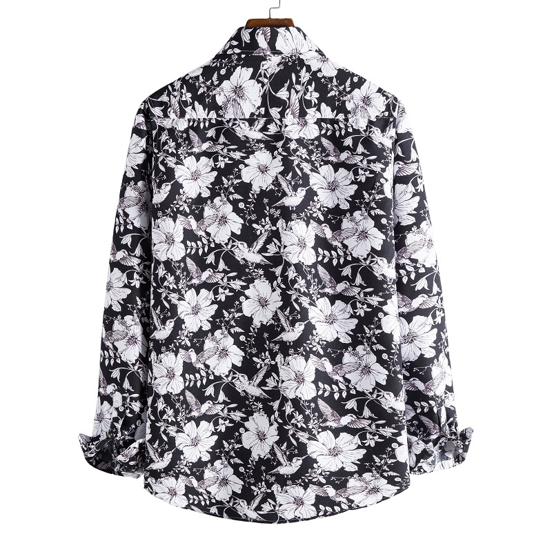 #S156 White floral print on black long sleeve shirt