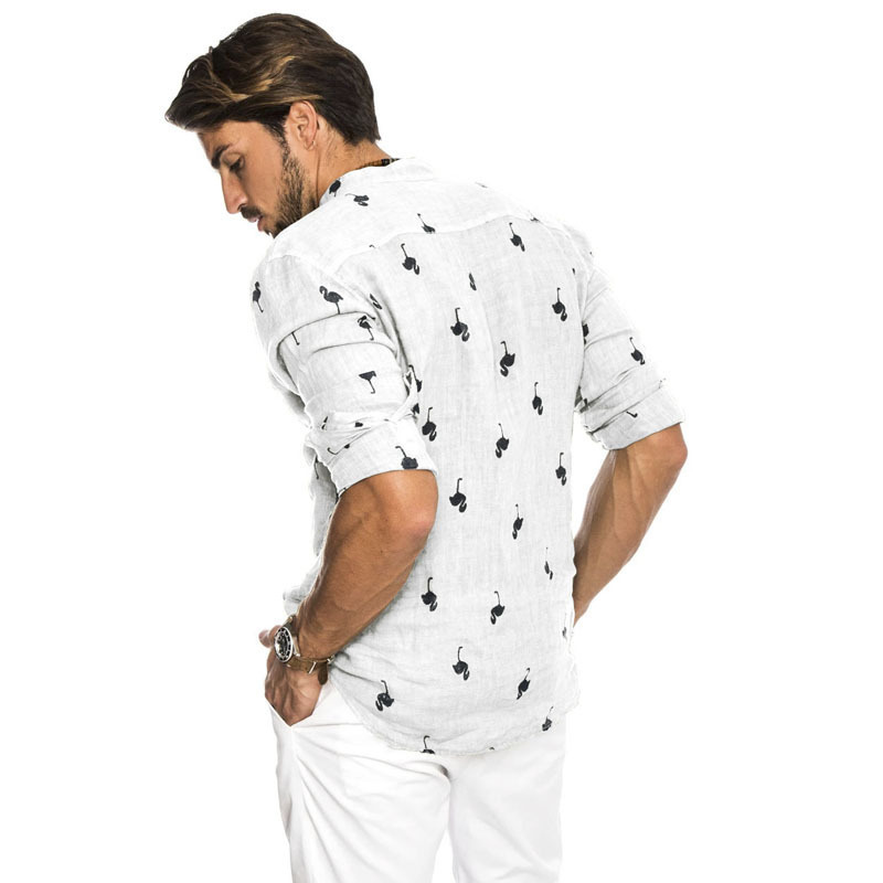 Men's linen long sleeve flamingos print shirt
