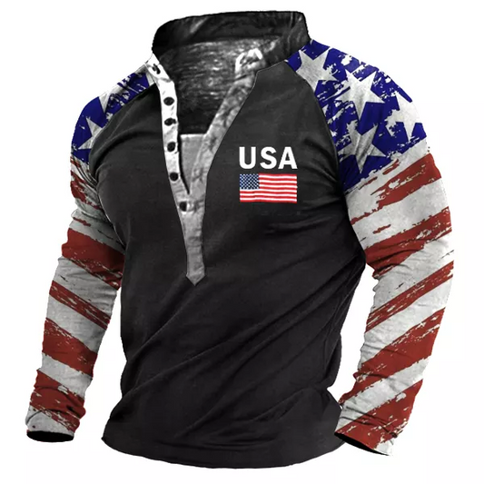 Men's American Flag Print Henley Collar T-Shirt