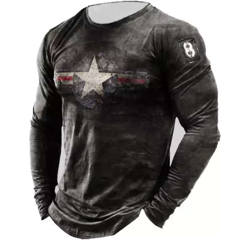 Men's Retro American Stars Print Long Sleeve Sports T-Shirt