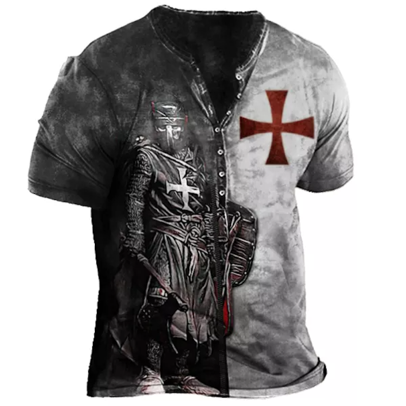 Men's Vintage Templar Cross Henley Collar T-Shirt