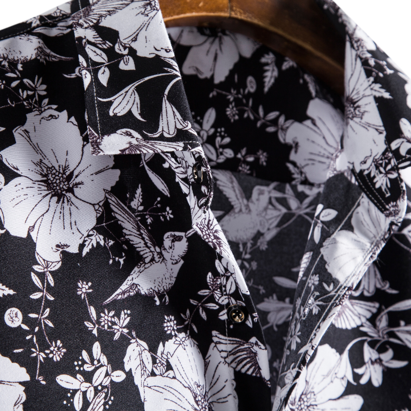 #S156 White floral print on black long sleeve shirt